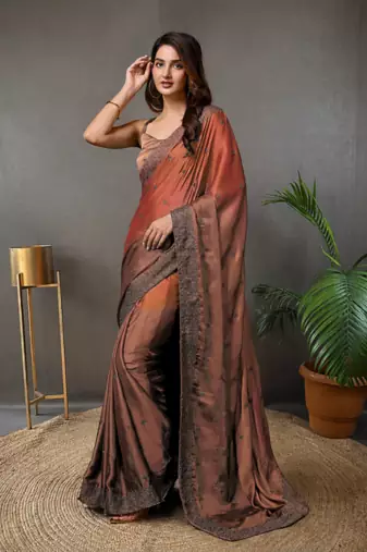 Brown Rangoli Silk Embroidery Double Shade Saree with Unstitched Blouse Piece