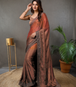 Brown Rangoli Silk Embroidery Double Shade Saree with Unstitched Blouse Piece