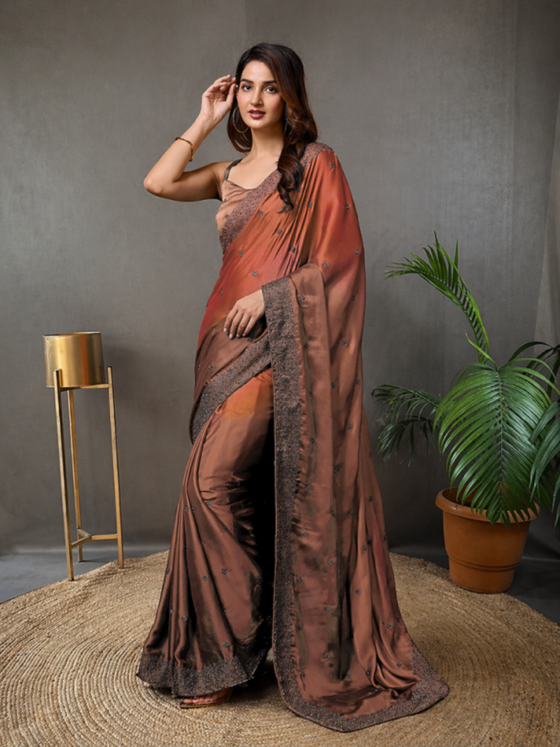 Brown Rangoli Silk Embroidery Double Shade Saree with Unstitched Blouse Piece