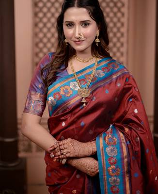 Maroon floral, zari work soft silk saree with blouse 3