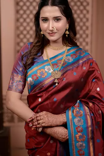 Maroon floral, zari work soft silk saree with blouse