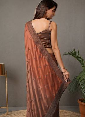 brown embroidery silk double shade saree with blouse 2