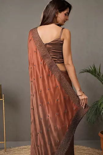 brown embroidery silk double shade saree with blouse