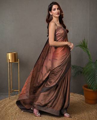 brown embroidery silk double shade saree with blouse 3