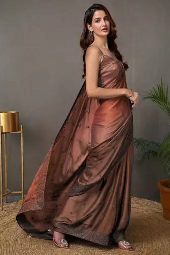brown embroidery silk double shade saree with blouse