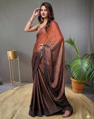 brown embroidery silk double shade saree with blouse 4