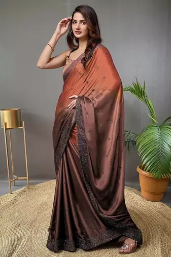 brown embroidery silk double shade saree with blouse