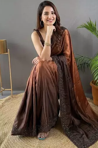 brown embroidery silk double shade saree with blouse