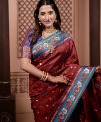 Maroon floral, zari work soft silk saree with blouse 4