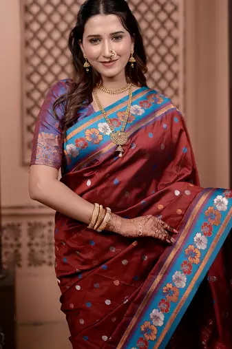 Maroon floral, zari work soft silk saree with blouse