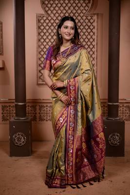 mehendi floral, zari work slik blend saree with blouse 1