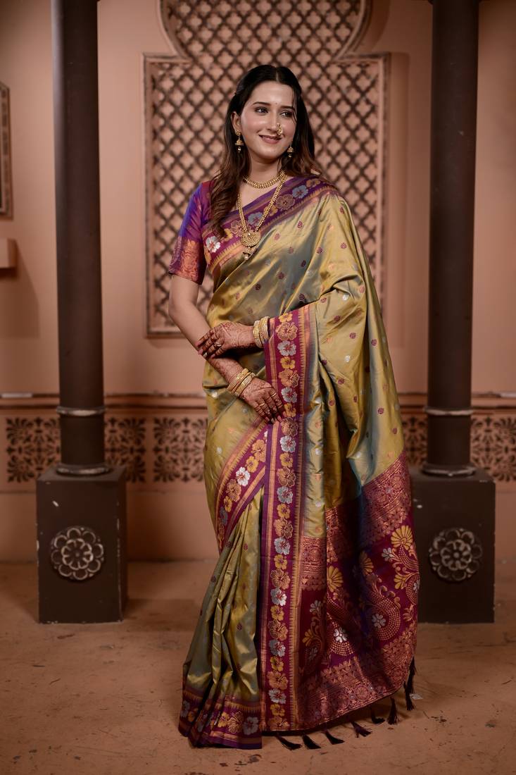 mehendi floral, zari work slik blend saree with blouse