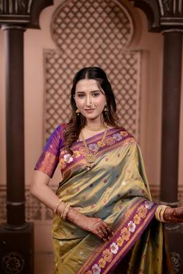 mehendi floral, zari work slik blend saree with blouse 2