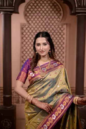 mehendi floral, zari work slik blend saree with blouse