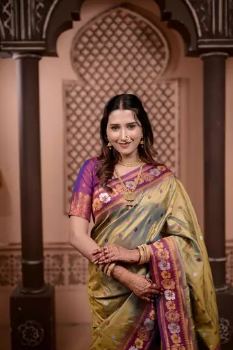 mehendi floral, zari work slik blend saree with blouse