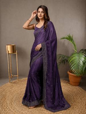 purple embroidery silk double shade saree with blouse 1