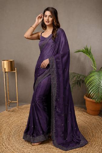 Purple Rangoli Silk Embroidery Double Shade Saree with Unstitched Blouse Piece