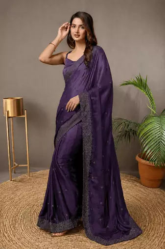 Purple Rangoli Silk Embroidery Double Shade Saree with Unstitched Blouse Piece
