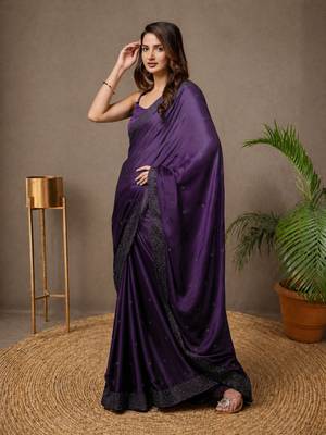 purple embroidery silk double shade saree with blouse 6