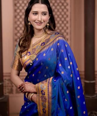 Royal blue floral, zari work soft silk saree with blouse 3