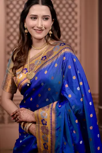 Royal blue floral, zari work soft silk saree with blouse