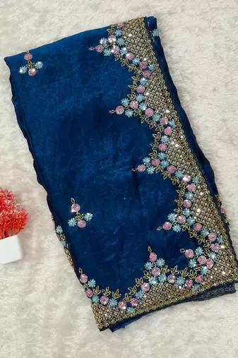 Royal Blue Color Hand Verl And Sequins Work Silk Saree