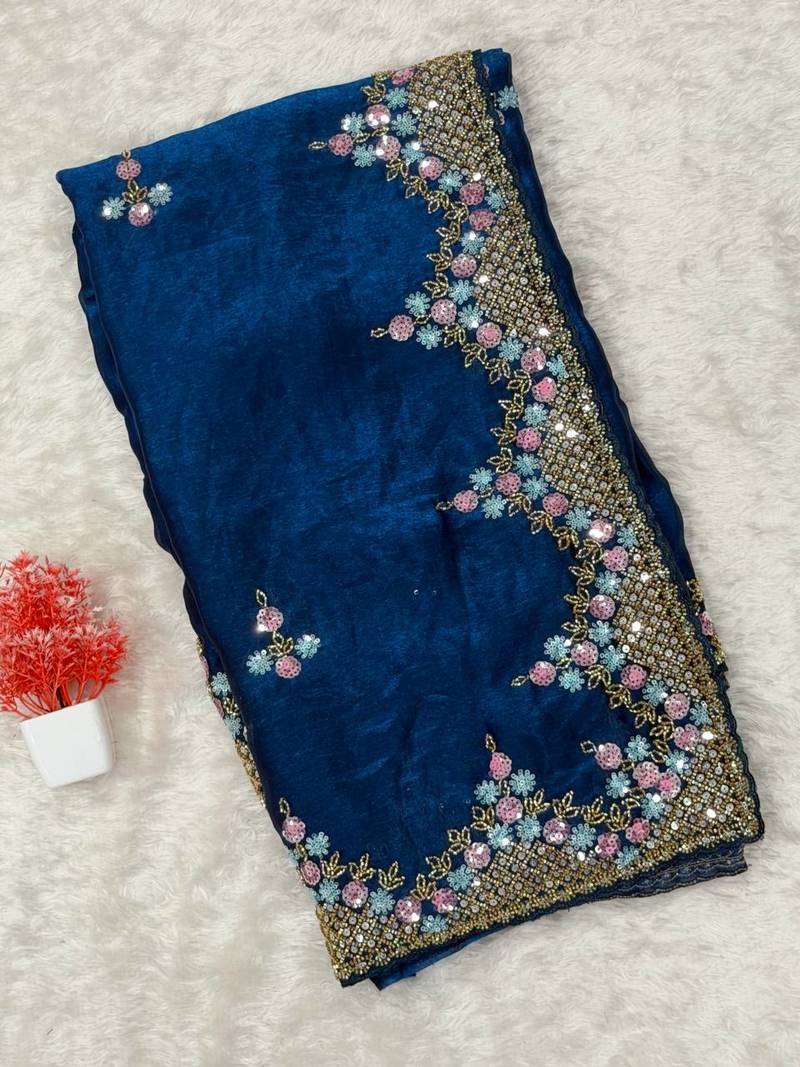 Royal Blue Color Hand Verl And Sequins Work Silk Saree