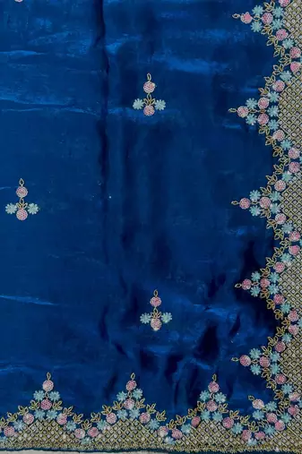Royal Blue Color Hand Verl And Sequins Work art silk saree