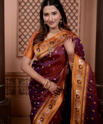Wine floral, zari work soft silk saree with blouse 3