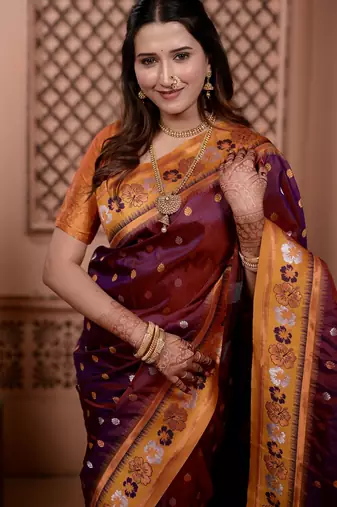 Wine floral, zari work soft silk saree with blouse