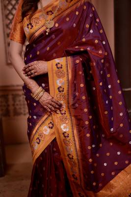 Wine floral, zari work soft silk saree with blouse 4