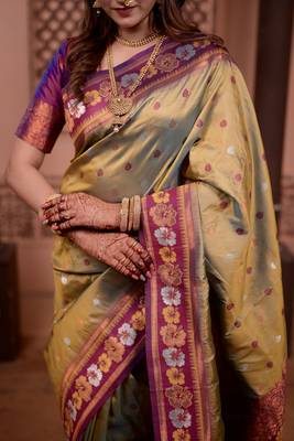 mehendi floral, zari work slik blend saree with blouse 4