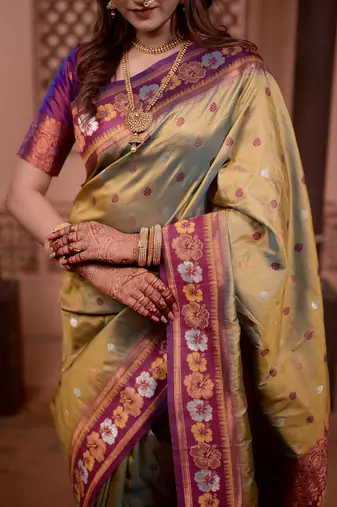 mehendi floral, zari work slik blend saree with blouse