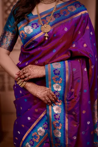 Purple floral, zari work soft silk saree with blouse