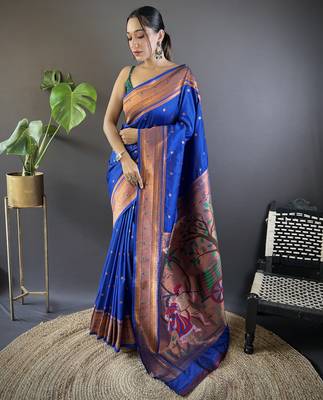 blue paithani silk saree unstitched blouse 1