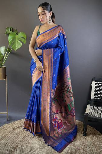 Blue paithani silk saree with unstitched blouse piece