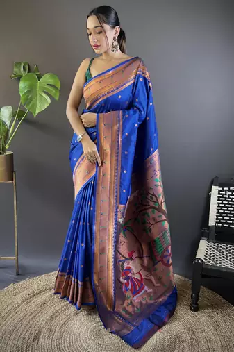 Blue paithani silk saree with unstitched blouse piece