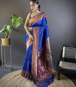 Blue paithani silk saree with unstitched blouse piece