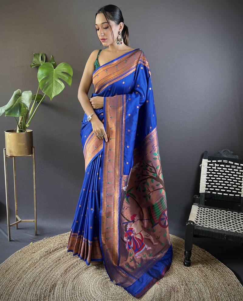 Blue paithani silk saree with unstitched blouse piece