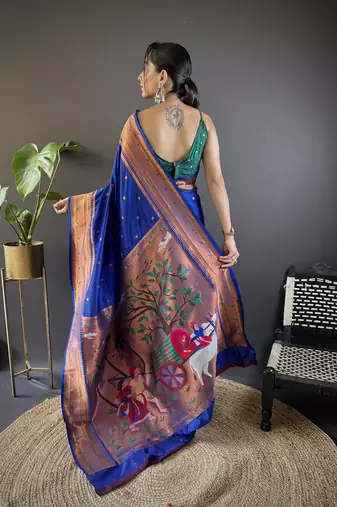 blue paithani silk saree unstitched blouse