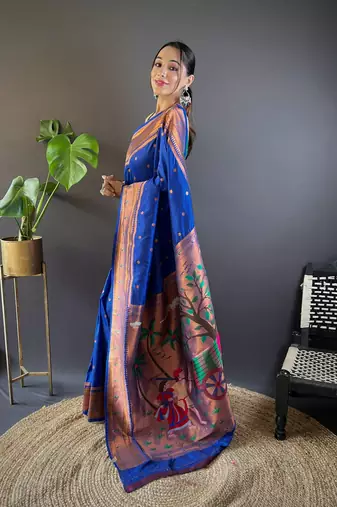 blue paithani silk saree unstitched blouse