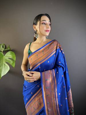 blue paithani silk saree unstitched blouse 4
