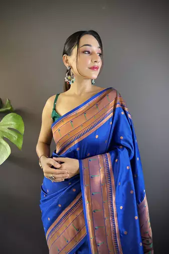blue paithani silk saree unstitched blouse
