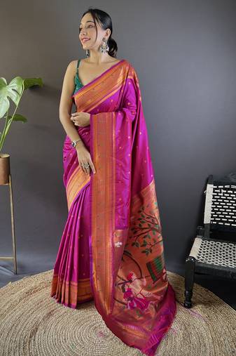magenta paithani silk saree unstitched blouse piece