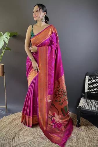 Magenta paithani silk saree with unstitched blouse piece