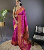 Magenta paithani silk saree with unstitched blouse piece