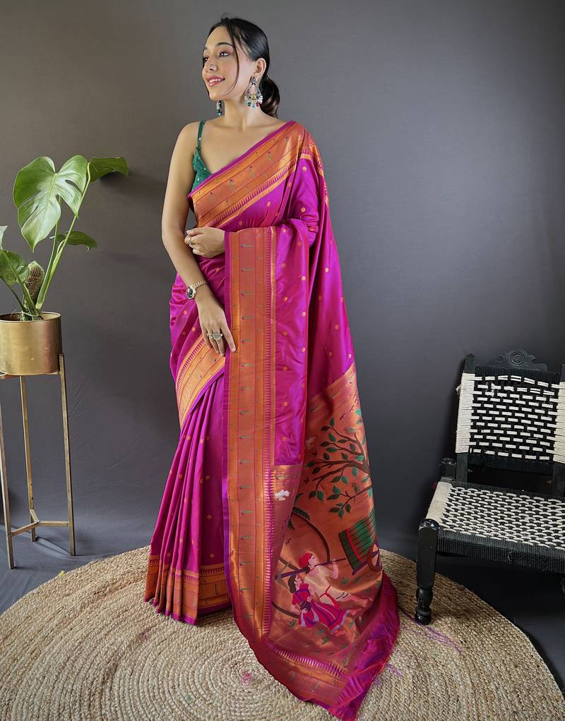 Magenta paithani silk saree with unstitched blouse piece