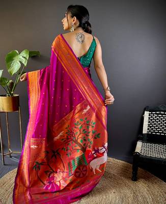 magenta paithani silk saree unstitched blouse piece 2