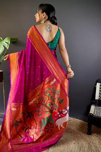 magenta paithani silk saree unstitched blouse piece