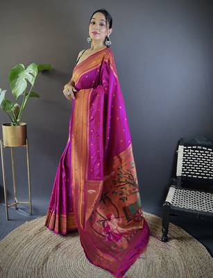 magenta paithani silk saree unstitched blouse piece 3